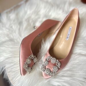 Designer Inspo Pink Satin Buckle Rhinestone Embellished Manolo Heels Pumps 37